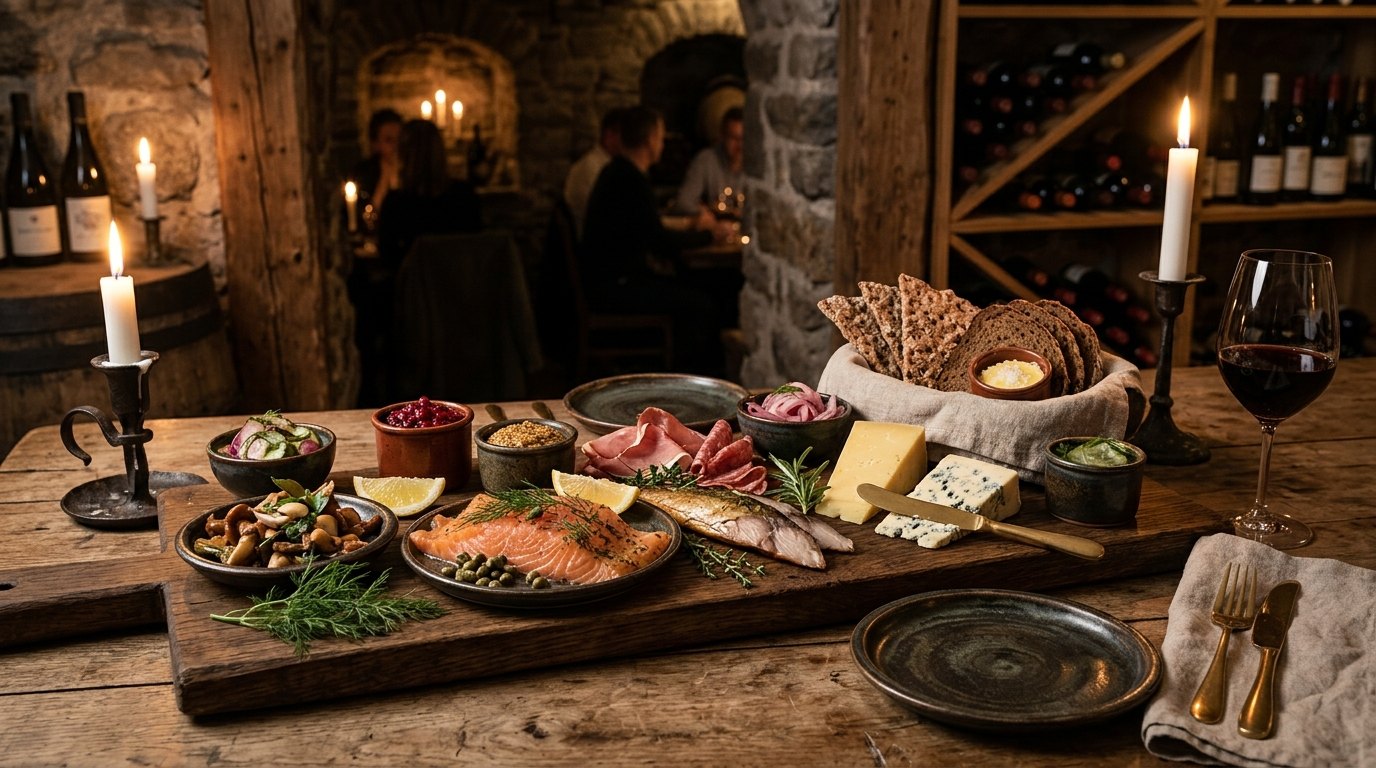 A shared-plates board in The Cellar — salmon, cured meats, cheese, crispbread and pickles